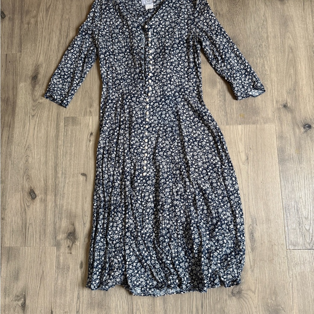 Floral Button-Front Midi Dress in Navy